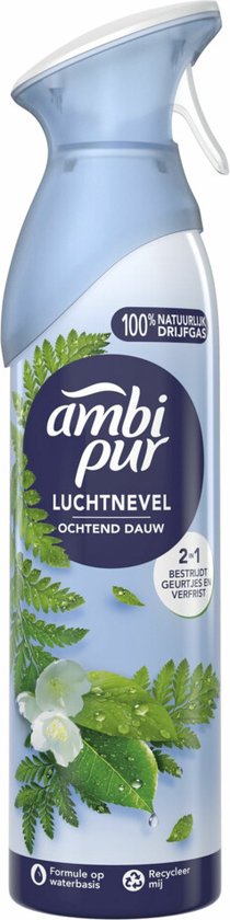 Ambi Pur Ochtend Dauw luchtverfrisser spray met bladeren en bloemen.