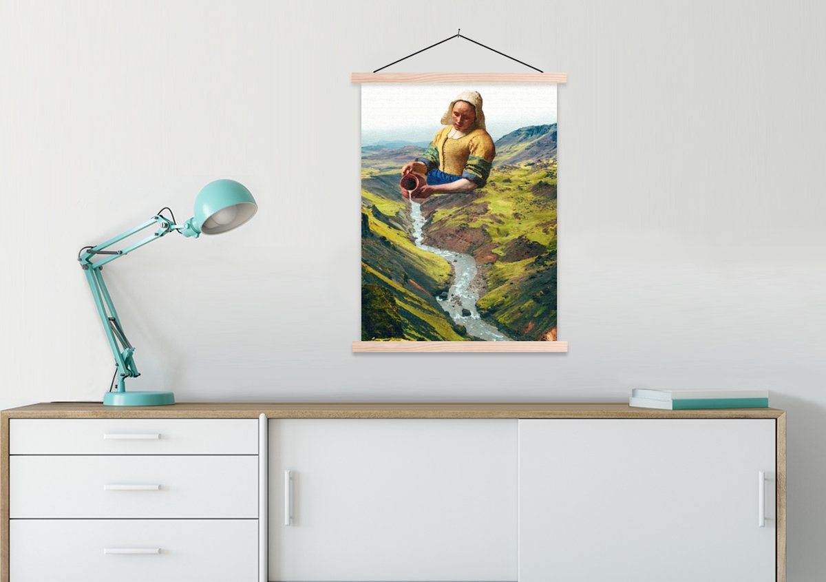 Posterhanger incl. Poster 60x80 cm - Schoolplaat - Melkmeisje - Vermeer - Bergen - Textielposter - Blanke latten