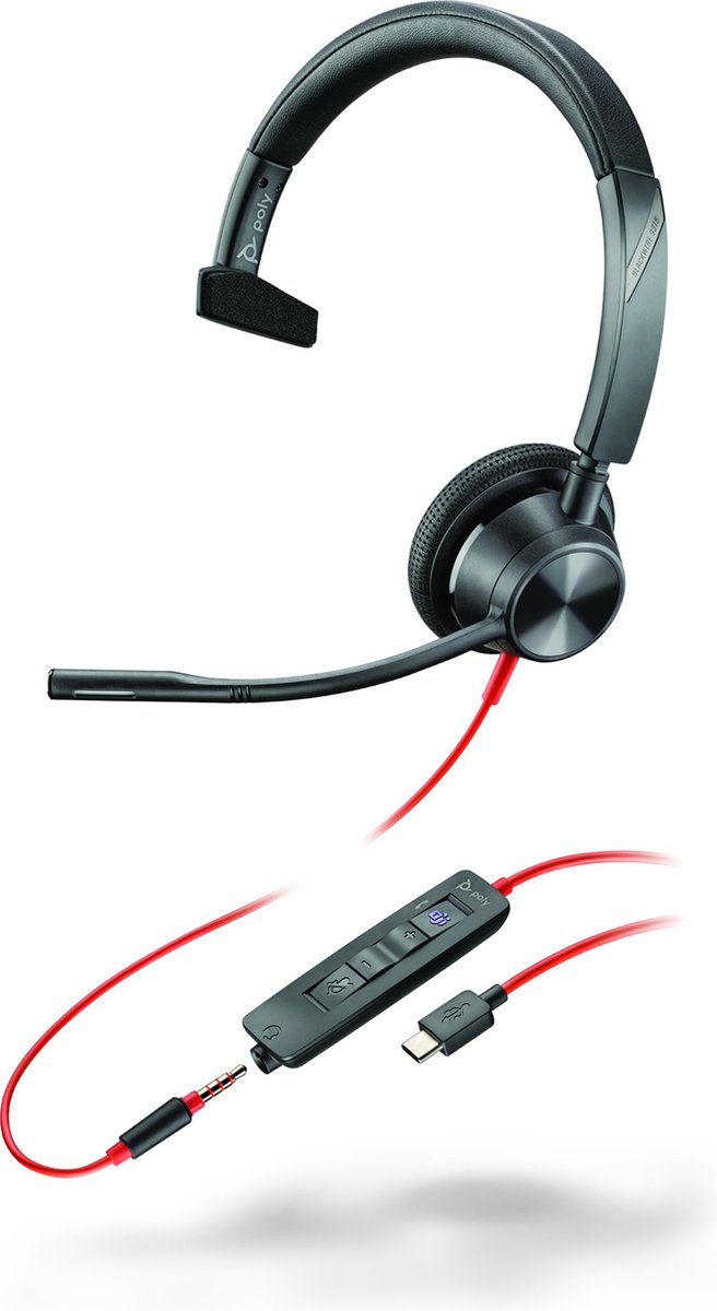 Poly Blackwire 3315 Monaural Microsoft Teams Certified USB-C Headset + 3,5 mm plug + USB-C/A adapter