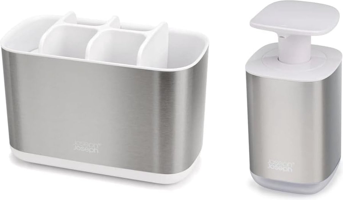 Bathroom Beauties - 2-delige wastafelset met grote tandenborstelhouder en hygiënische zeeppompdispenser, roestvrij staal
