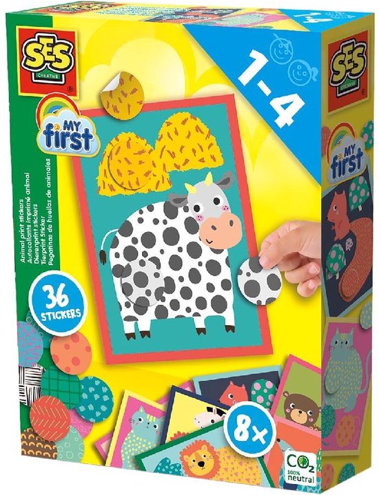 SES Creative - My First - Dierenprint stickers - 8 kaarten met 36 stickers - plak de juiste kleuren en patronen op de kaart – educatief speelgoed 1 tot 4 jaar