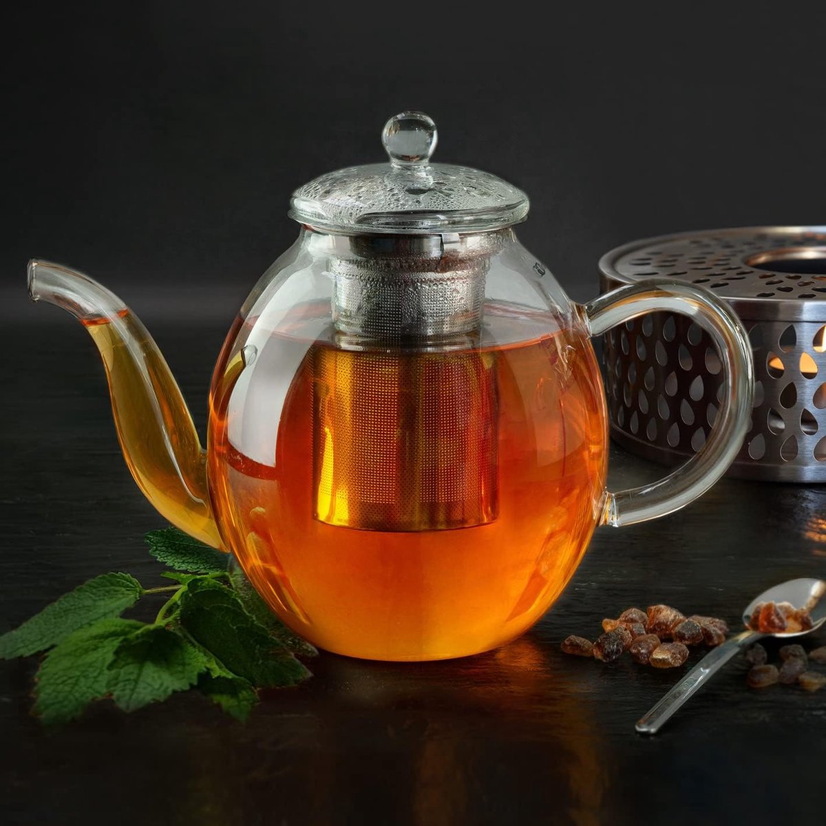 Cosumy Theepot Glas met Roestvrijstalen Zeefje 1,3 L - Met Onderzetter - Hittebestendig - Houdt Lang Warm - Vaatwasmachinebestendig