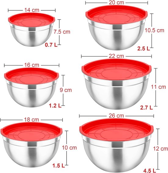 Set van 6 roestvrijstalen mengkomen, slakommen met luchtdicht deksel, ideaal voor het mengen en serveren, stapelbaar en vaatwasmachinebestendig, 4,5 l/2,7 l/2,5 l/1,5 l/1,2 l/0,7 l, rood