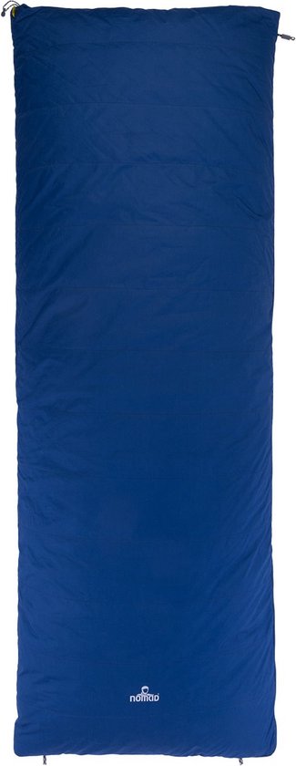 Donkerblauwe deken slaapzak, volledig opengeklapt met Nomad logo onderaan.