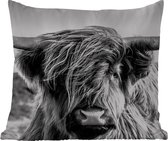 Sierkussen Buiten - Koe - Schotse hooglander - Zwart - Wit - Dier - Natuur - Wild - 60x60 cm - Weerbestendig