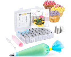 foto van int!rend 59-delige Spuitzakken set met 42 genummerde RVS spuitzakken, 2 siliconenzakjes, 10 spuitzakken, reinigingsborsteltje, decoratieve spuit en brochure