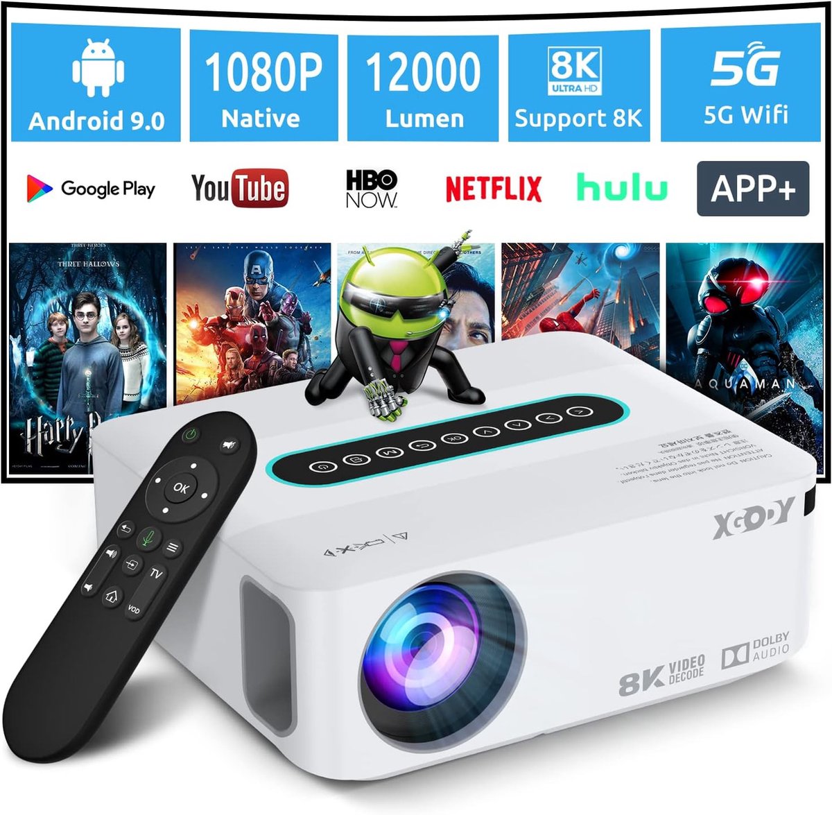 Beamer - 12000 Lumen - 4K Projector - 1080p HD - Geïntegreerde App - Dolby Geluidseffecten - Draagbaar - Cadeau