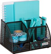 Bureau-organizer en accessoires - 6 compartimenten met schuiflade, mesh-look desktop-organizer voor het opbergen van pennen, notitieblokken, nietmachines, rekeningen, paperclips (zwart - 1 stuk)