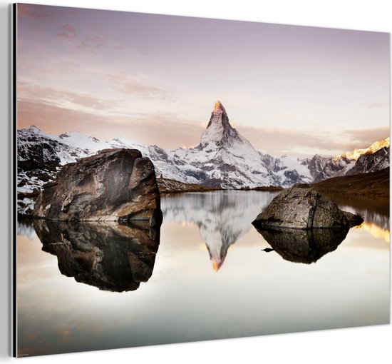 Vue depuis le Stellisee sur le Cervin en Suisse Aluminium 180x120 cm - Tirage photo sur Aluminium (décoration murale métal) XXL / Groot format!