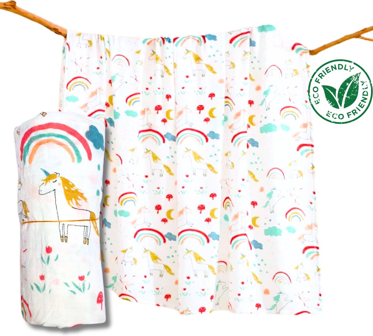 Goedkoopste Duopack 2x BoefieBoef Regenboog Eenhoorn Grote XL Hydrofiele Doek Baby - Duurzaam Eco Bamboe - Kerst en KraamCadeau - Swaddle, Inbakerdoek, Hydrofiele Luier & Babydeken - Wit Gekleurd Sprookje