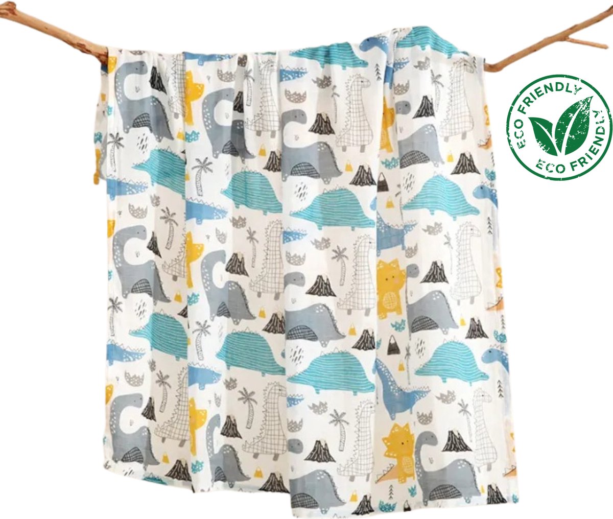 Goedkoopste Duopack 2x BoefieBoef Dinosaurus Grote XL Hydrofiele Doek Baby - Duurzaam Eco Bamboe - Kerst en KraamCadeau - Swaddle, Inbakerdoek, Hydrofiele Luier & Babydeken - Wit Vulkaan Geel Blauw