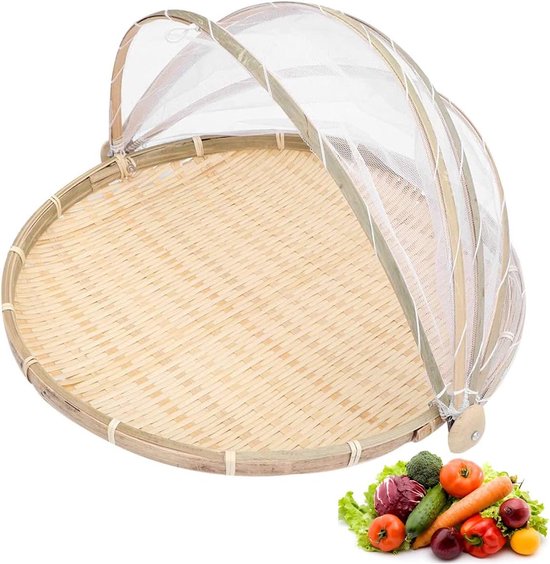 Foto: Bamboe tent mand picknickmand bamboe vliegenkap afdekhoes geweven voedsel anti vliegen insect net fruit groente dienblad mesh cover tent droog stofpan camping picknick draagbare opbergmand