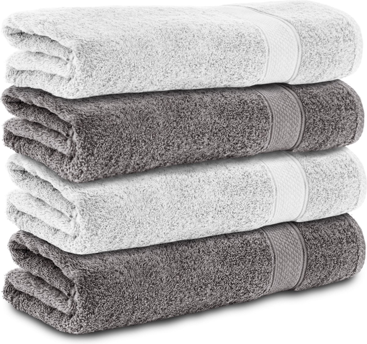 Komfortec handdoeken – Set van 4 - Badhanddoek 70x140 cm - 100% Katoen – Antracietgrijs&Wit