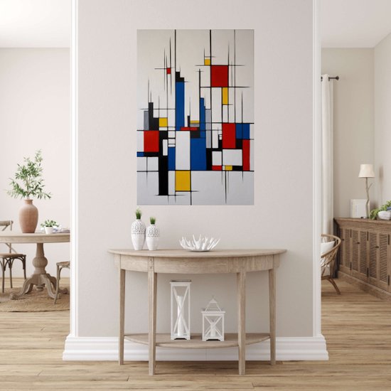 Tableau style Skyline Piet Mondrian - Peinture Piet Mondrian sur verre - Décoration murale skyline - Décoration murale industrielle - Peintures sur verre acrylique - Peintures - 60 x 90 cm 5mm