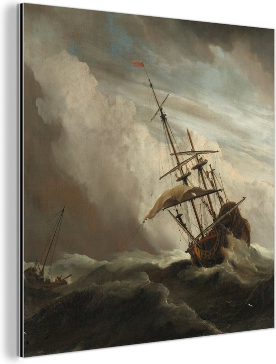 Wanddecoratie Metaal - Aluminium Schilderij Industrieel - Een schip in volle zee bij vliegende storm - Schilderij van Willem van de Velde - 50x50 cm - Dibond - Foto op aluminium - Industriële muurdecoratie - Voor de woonkamer/slaapkamer