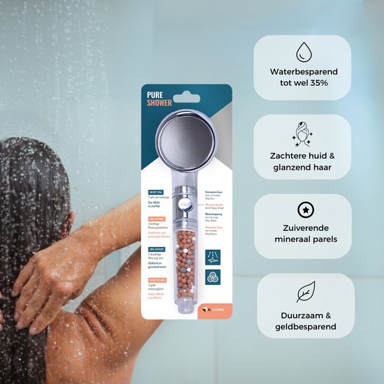 Pure shower - waterbesparende ionische douchekop met filter – Mineraal parels – Hoge druk handdouche – 3 Straalstanden – Douche met Uitknop – regendouche – massagedouche - Pure Shower