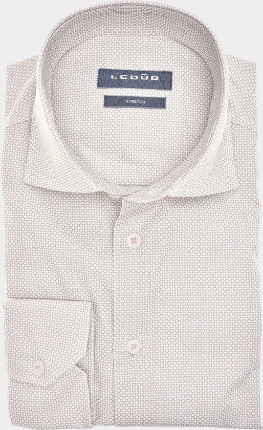 Ledub modern fit overhemd - popeline - lichtbruin met wit mini dessin - Strijkvriendelijk - Boordmaat: 40