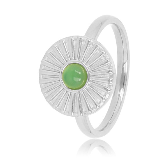 My Bendel - Ring zilver zonnetje met Green Agate - Vrolijke zilveren edelstalen ring met een zonnetje en Green Agate edelsteen - Met luxe cadeauverpakking