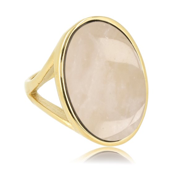 My Bendel - Grote goudkleurige ring met ronde Rose Quartz edelsteen - Unieke goudkleurige statement ring voor dames met Rose Quartz edelsteen - Met luxe cadeauverpakking
