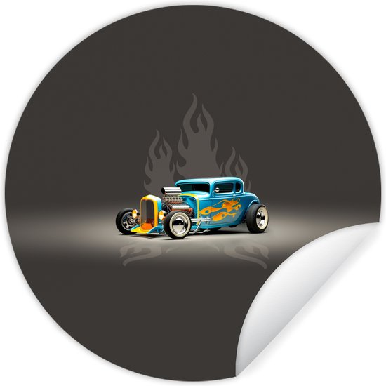 WallCircle - Muurstickers - Behangcirkel - Auto - Vintage - Vlammen - Blauw - ⌀ 30 cm - Muurcirkel - Zelfklevend - Ronde Behangsticker