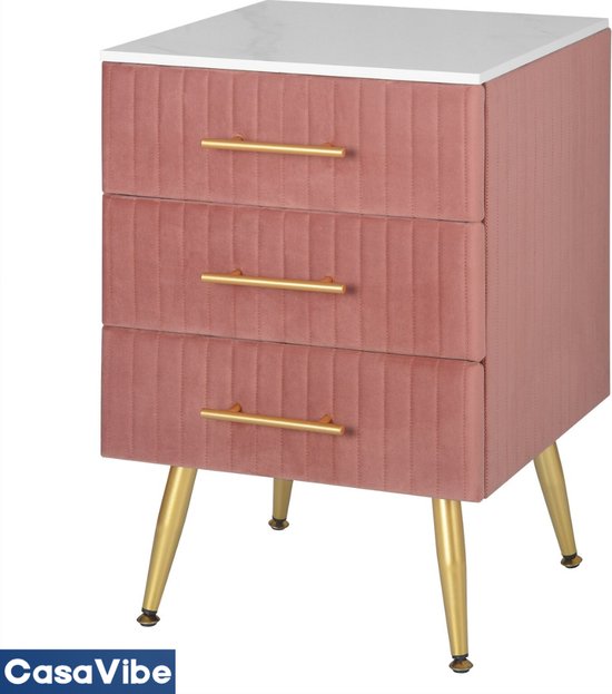 CasaVibe Luxe Nachtkastje - Bijzetkast - voor slaapkamer - roze - Met Drie Lades - Gouden Details - Roze