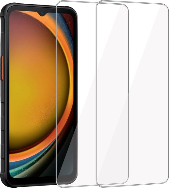 Zwarte telefoon met oranje en blauwe achtergrond, naast twee doorzichtige screenprotectors.