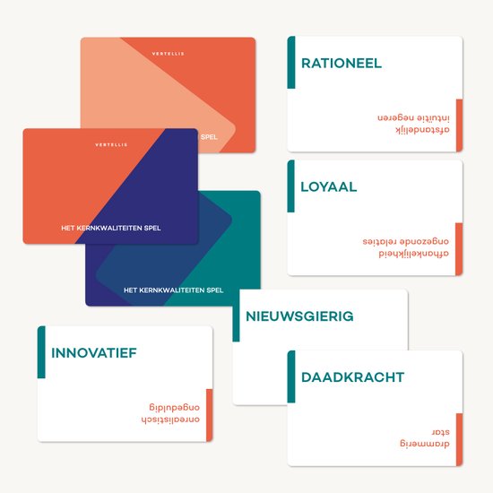 Zeven kaarten met de kwaliteiten "RATIONEEL", "LOYALE", "NIEUWSGIERIG" en "DAADKRACHT".