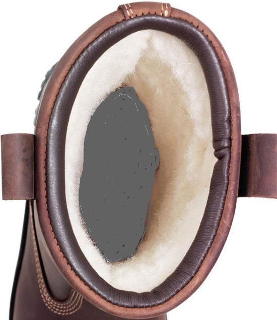Binnenzijde van een bruine leren werklaars met dikke, witte voering.