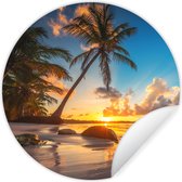 WallCircle - Muurstickers - Behangcirkel - Strand - Zee - Palmboom - Zonsondergang - 140x140 cm - Muurcirkel - Zelfklevend - Ronde Behangsticker