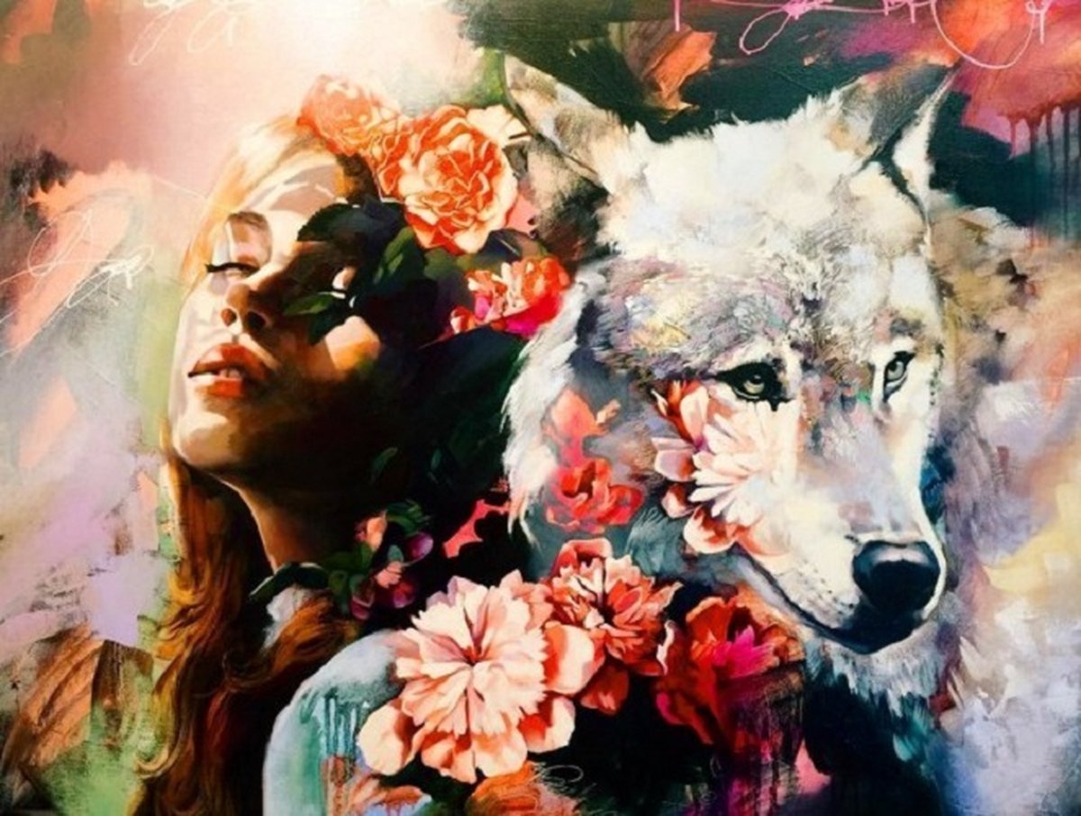 Diamond Painting Set Girl-Wolf 40x30cm Full size ronde steentjes
