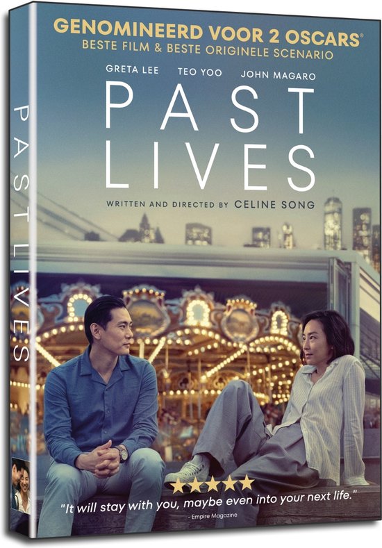 DVD-hoes 'Past Lives' met Teo Yoo en Greta Lee, genomineerd voor 2 Oscars.
