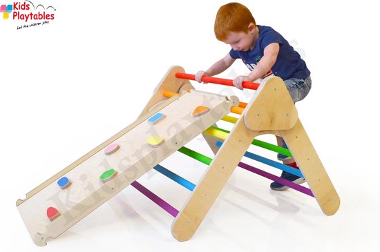 Foto: Kpw houten klimrek met glijbaan voor peuter multicolor pikler driehoek speeltoestel klimdriehoek kinderen inklapbaar met glijbaan klimhelling regenboog klimbord montessori klimboog pikler schommel balanceerbord houten speelgoed