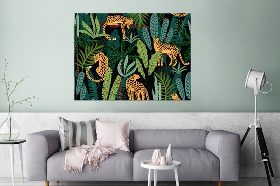 Wanddecoratie Metaal - Aluminium Schilderij Industrieel - Jungle - Panter - Patronen - Jongens - Meiden - Planten - 160x120 cm - Dibond - Foto op aluminium - Industriële muurdecoratie - Voor de woonkamer/slaapkamer