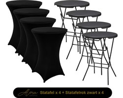 4x Zwarte Statafel + Zwarte Statafelrok x 4 – ø80 cm x 110 cm hoog – Cocktailtafel – Hoge staan tafel – Breed Blad – Inclusief zwarte Statafelhoes – Staantafelrok Stretch R