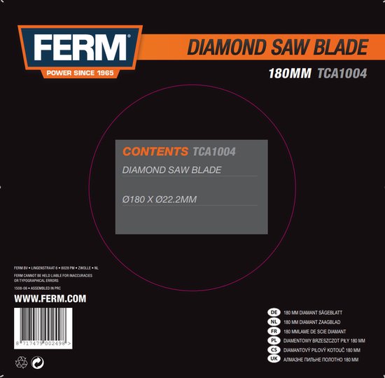 FERM - TCA1004 - Diamant - Zaagblad - Diameter - 180mm - Asgat - 22,2mm - Universeel - Voor - Tegelzaagmachines - Zeer - Geschikt - Voor - TCM1010 - Doorslijpschijf - Diamantschijf - 18cm - FERM