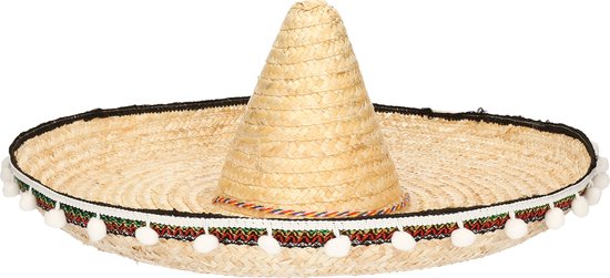 Chapeau sombrero mexicain en paille avec pompons blancs et cordon coloré.