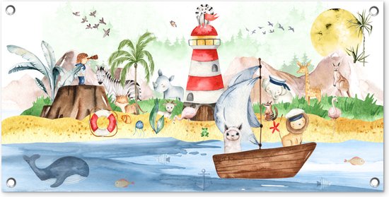 Tuinposter Strand - Dieren - Kinderen - Vuurtoren - Jongens - 80x40 cm - Wanddecoratie Buiten - Tuinposter - Tuindoek - Schuttingposter - Tuinschilderij