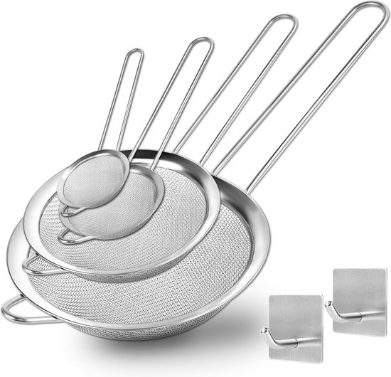 Zeef Keukenzeef Roestvrij Staal 4 Stuks 5/8/12/18 cm - Fijnmazig Passeerzeef met Versterkte Handgreep voor Koken, Quinoa, Meel en Rijst