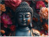 Tuinposter Boeddha - Tuindecoratie Buddha beeld - 120x90 cm - Tuindoek bloemen - Muurdecoratie voor buiten - Schuttingposter - Tuinschilderijen - Tuinwanddecoratie - Tuinposters