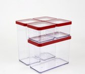 Set de 5 boîtes de conservation avec couvercle, différentes tailles, plastique alimentaire (SAN) sans BPA, transparent/rouge, 2x 1,5 l + 2 x 0 l + 1 x 2,1 l (21,4 x 21,4 x 23,5 cm)