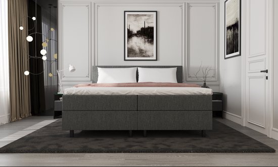 Best For Home Lit à Sommier Tapissier S Deluxe 180x200 Cm Avec Matelas Ressorts Ensachés 7 Zones + Surmatelas Mousse - Gris Velours, 2 Tiroirs