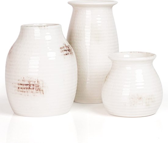 Belle Vous Ensemble de 3 Petits Vases en Céramique Blanche - Vases Décoratifs de Ferme Modernes, 3 Tailles - Décoration d'Intérieur Rustique Idéale pour Herbe et Fleurs de Pampa - Bibliothèque, Cheminée, Décoration de Table et de Salon