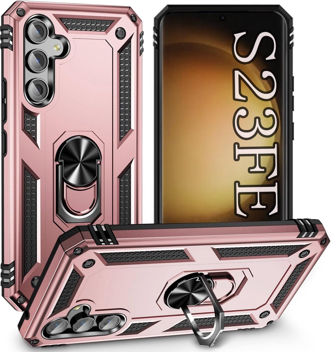 Anti-Shock Hybrid Ring Armor Hoesje Geschikt voor: Samsung Galaxy S23 FE - Rosegoud