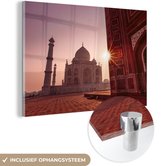 MuchoWow® Glasschilderij 60x40 cm - Schilderij acrylglas - Taj Mahal bij de zonsopgang - Foto op glas - Schilderijen