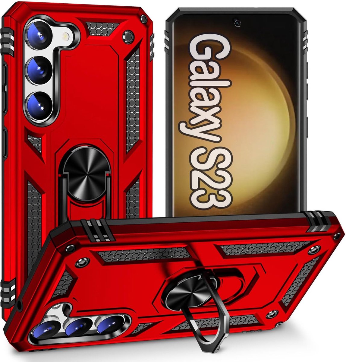 Anti-Shock Hybrid Ring Armor Hoesje Geschikt voor: Samsung Galaxy S23 - Rood