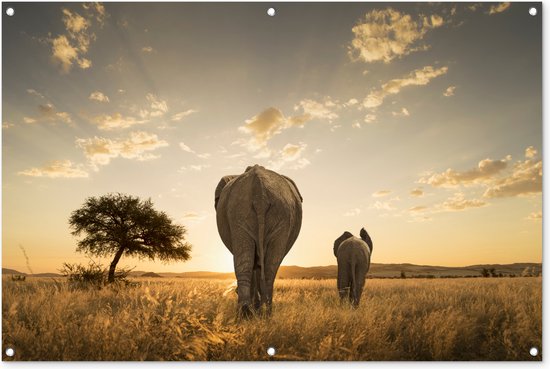 Tuinposter - Tuindoek - Tuinposters buiten - Olifant en kalf savanne - 120x80 cm - Tuin