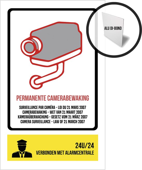 Foto: Pictogram bord alu di bond camerabewaking wetgeving maart 2007 24u 24 verbonden met alarmcentrale 19 x 32 cm 4 talen nl fr eng de security alarmsysteem cctv nederlands politie alarm roestvrij 1 stuk