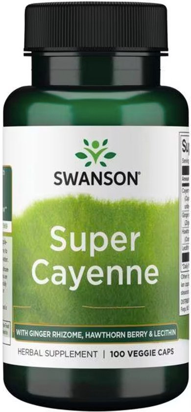 Swanson - Super Cayenne / Cayennepeper (Capsicum annuum) - 90.000 HGU - Gemberwortelstok (Zingiber officinale), Meidoornbes (Crataegus oxyacantha) & Lecithine - 100 Vegentarische Capsules