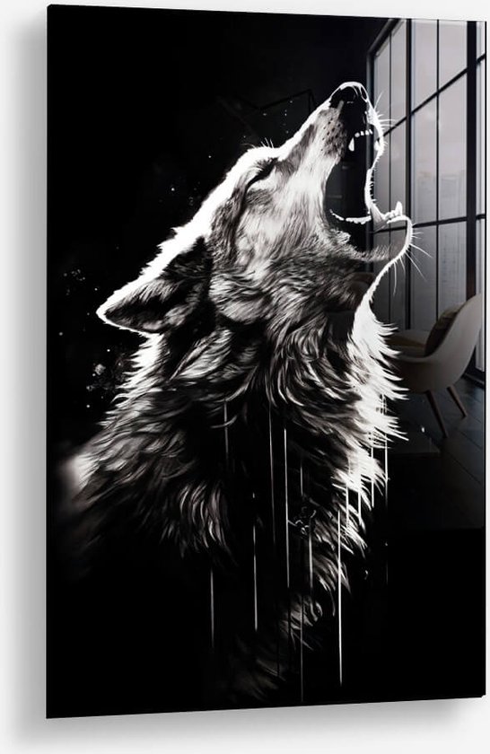 Wallfield™ - Les loups rugissent | Peinture sur verre | Verre trempé | 60 x 90 cm | Système de suspension magnétique