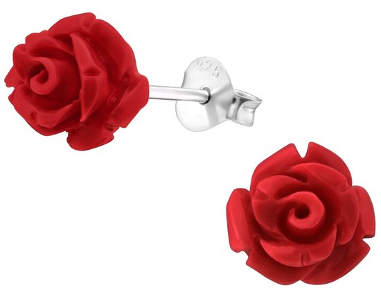 Joy|S - Zilveren roos oorbellen - rode roosje - 8 mm - bloem oorknoppen